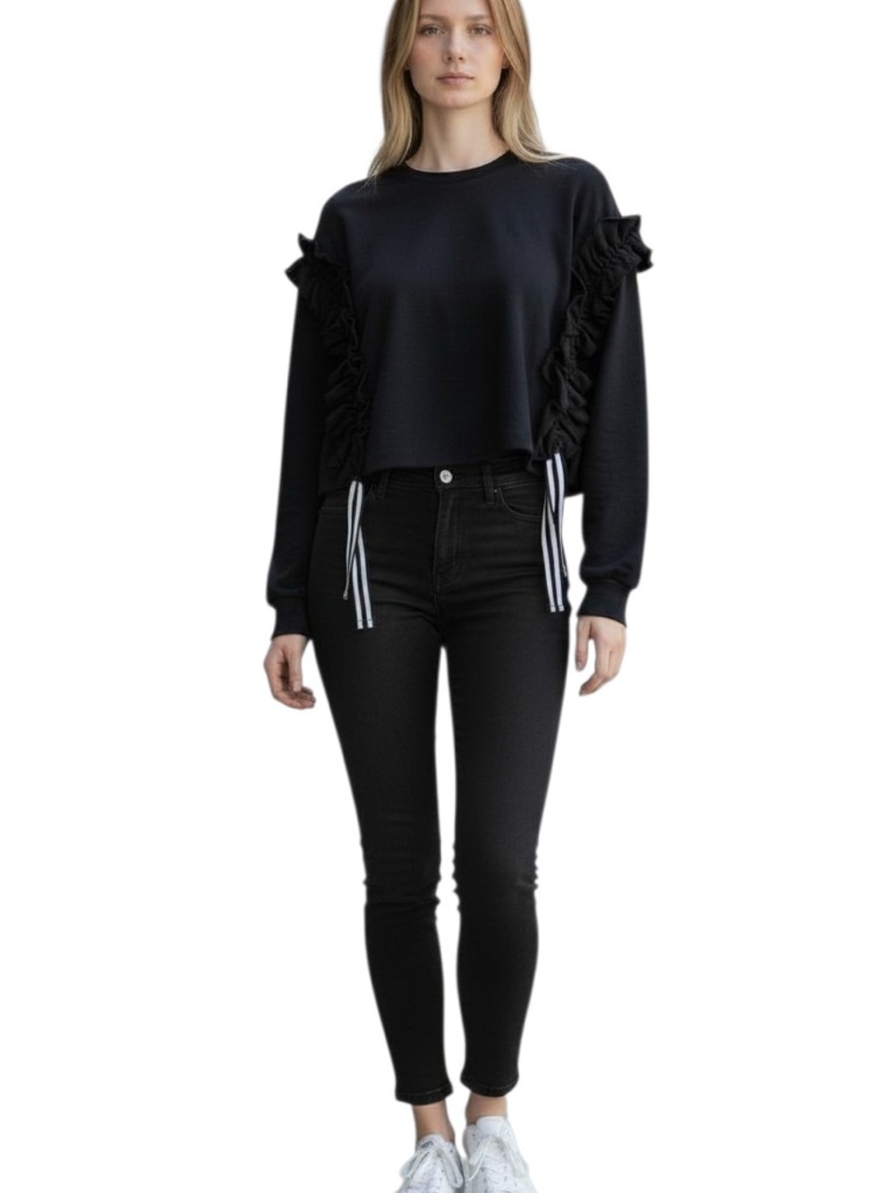 Ina Navy Blue Ruffle-Trim Crewneck Sweater